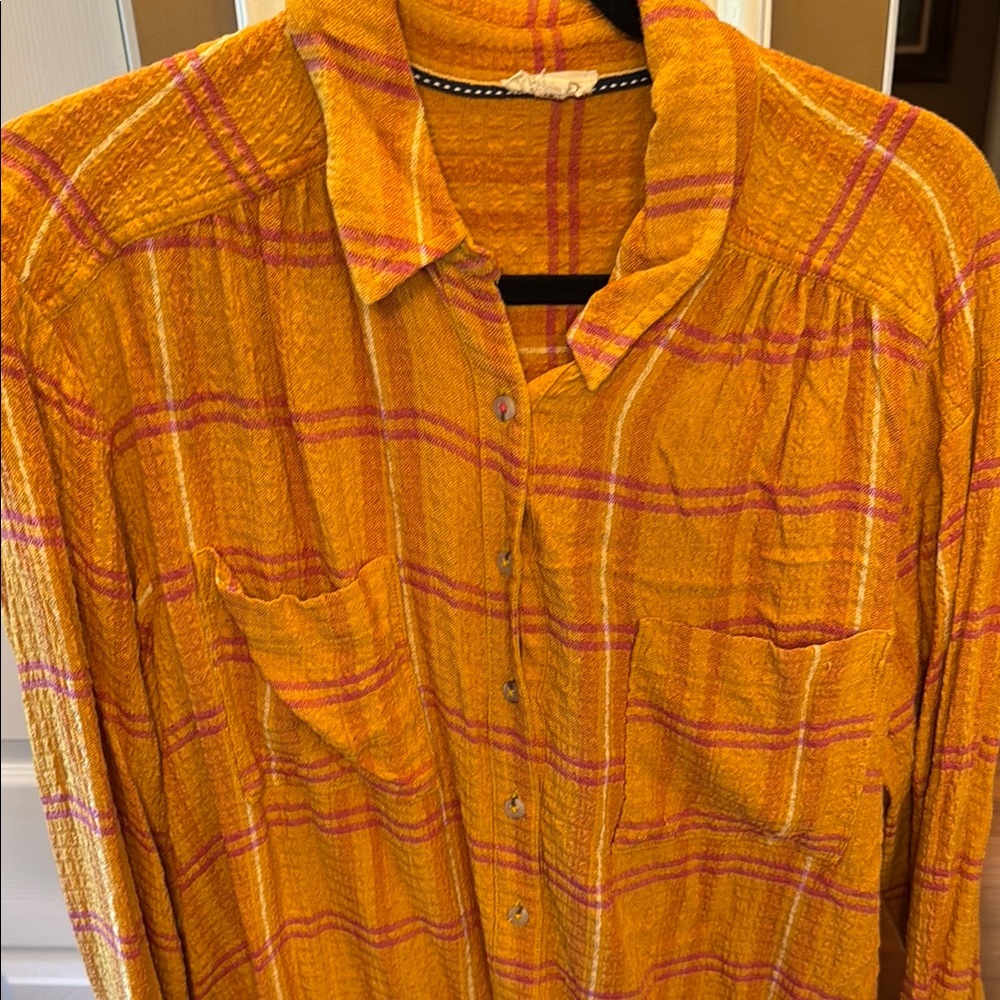 Pilcro Orange and Pink Plaid Button-Up Shirt